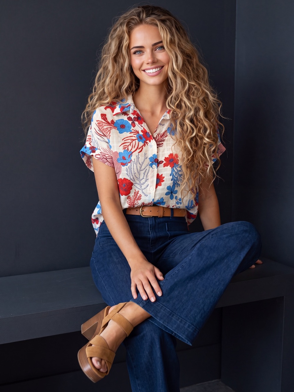 Jane and Delancey White Shirt with Red & Blue Floral Print